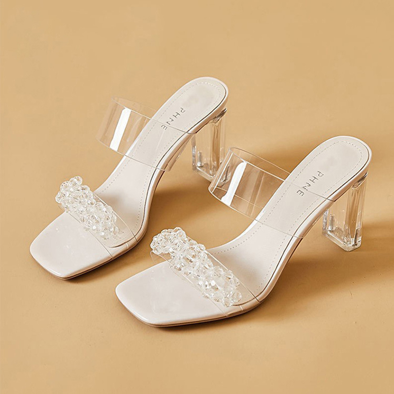 PVC Peep Toe Sandals Chunky Heel Outdoor Fashion Shoes With Beaded