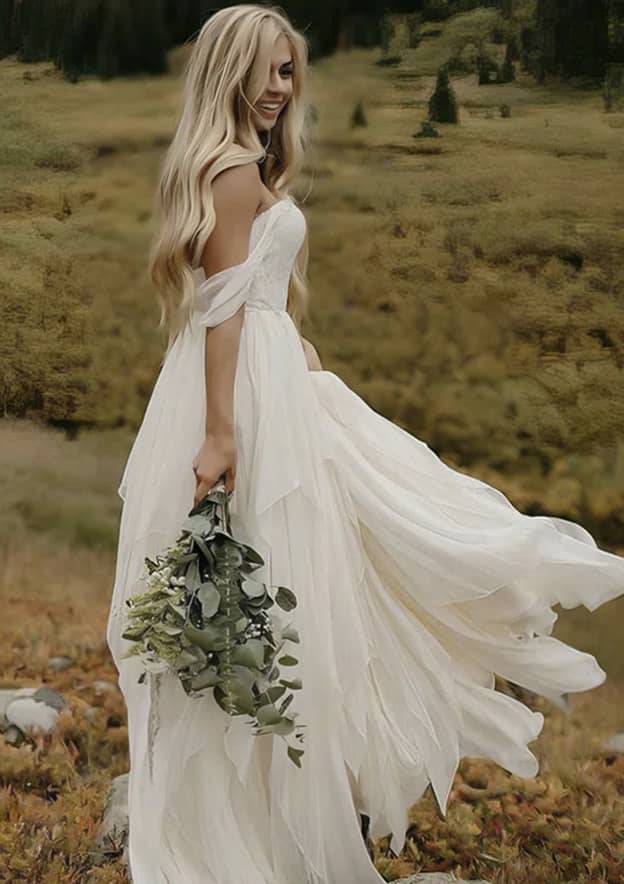 chiffon asymmetrical wedding dress Ruched chiffon creates an asymmetrical waistline on the ethereal Calypso gown. Add on her detachable floor-length sleeves that catch the wind with enchanting movement for the most dramatic entrance