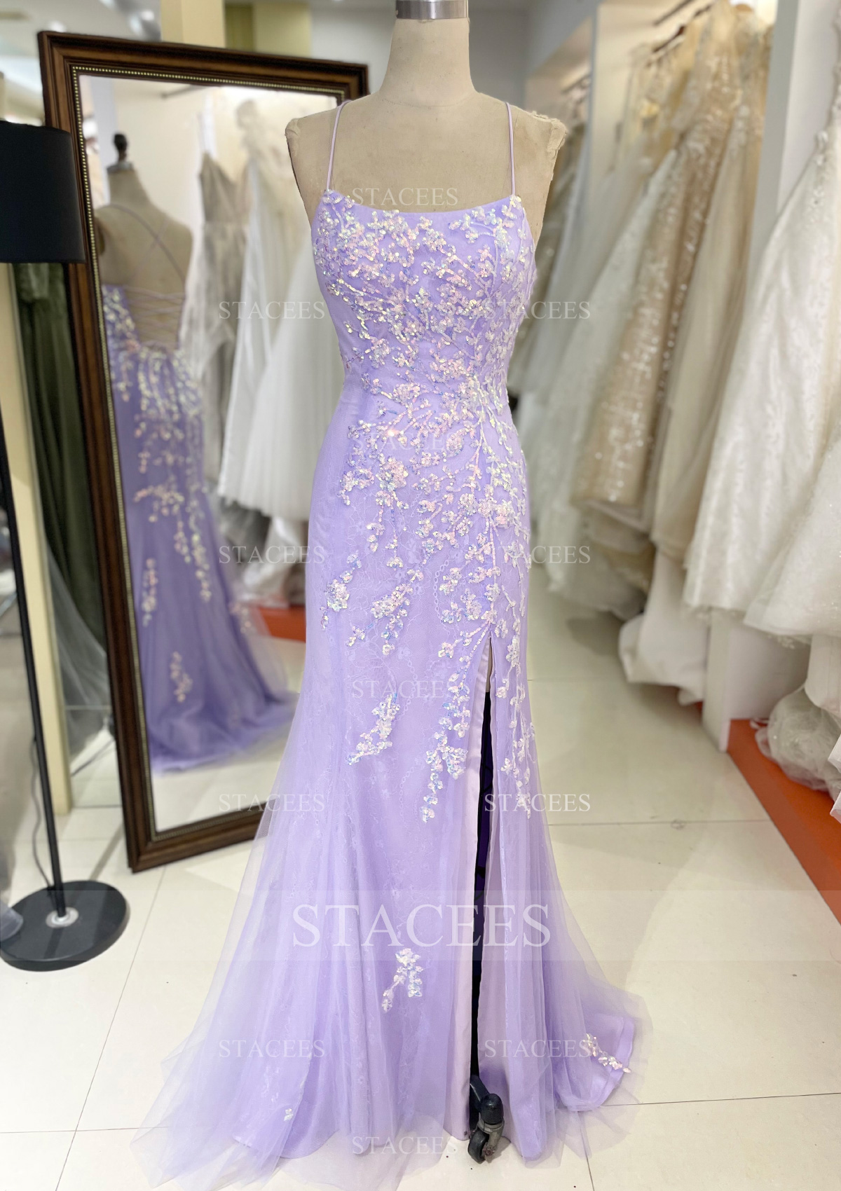 Lilas Gaine/colonne encolure carrée tulle long/ras du sol robe de bal - STACEES
