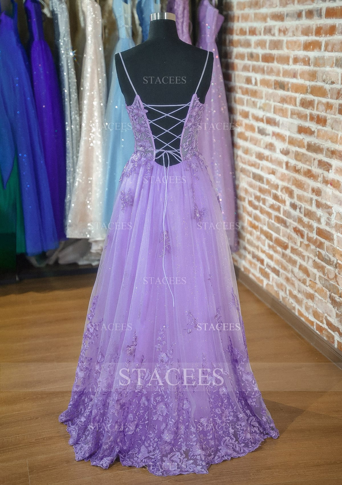 Lilac A-line Square Long/Floor-Length Tulle Prom Dress with Appliqued Beading Glitter - STACEES