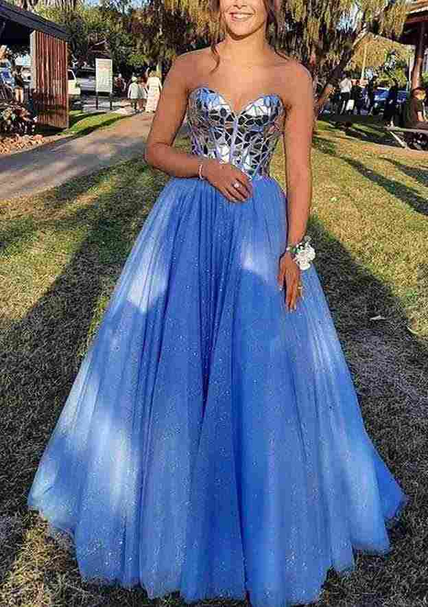 A-line Princess Sweetheart Sleeveless Long/Floor-Length Tulle Prom Dress With Sequins Glitter