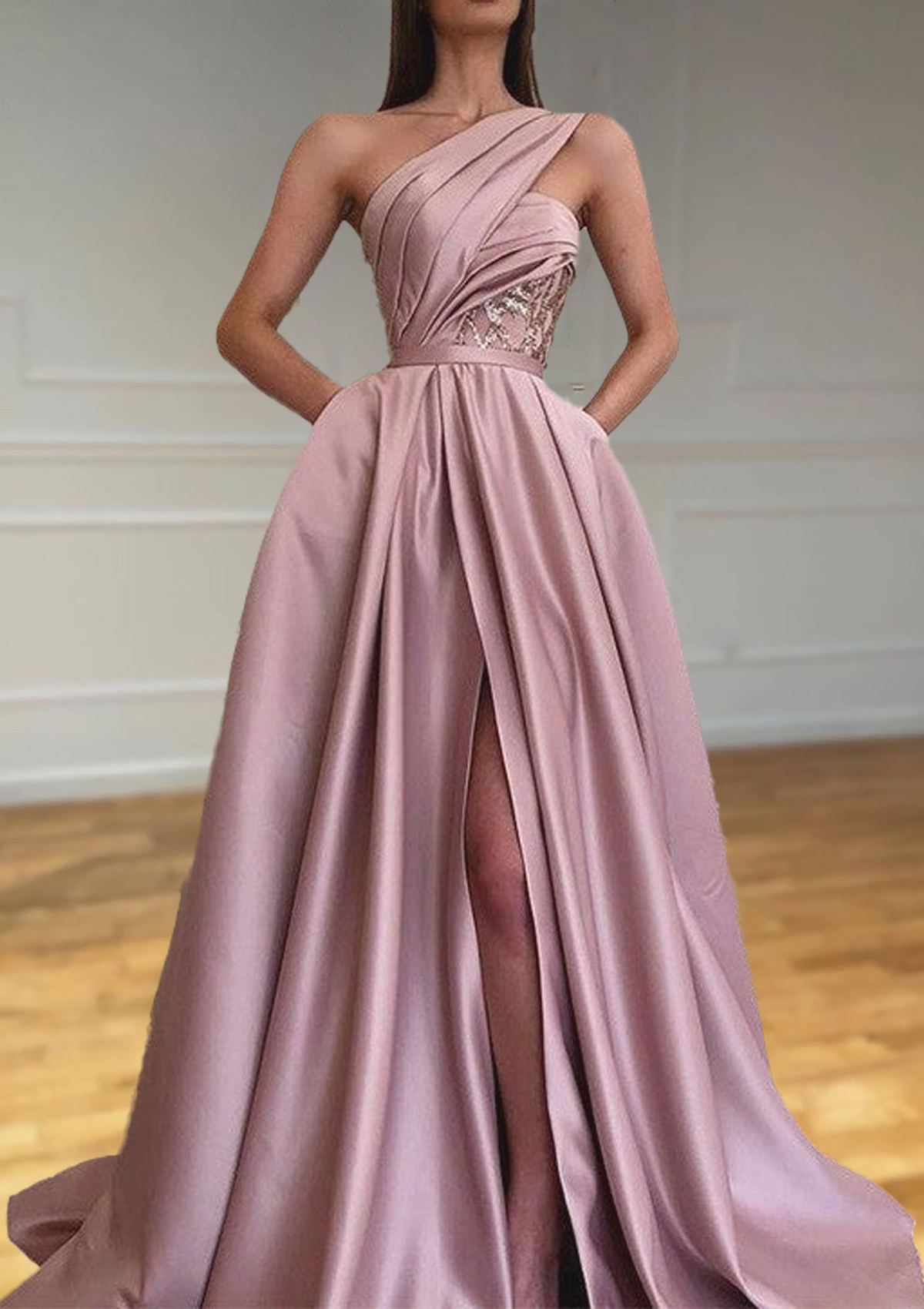 A-line One-Shoulder Sleeveless Sweep Train Satin Prom Dresses With Split Pleated 
