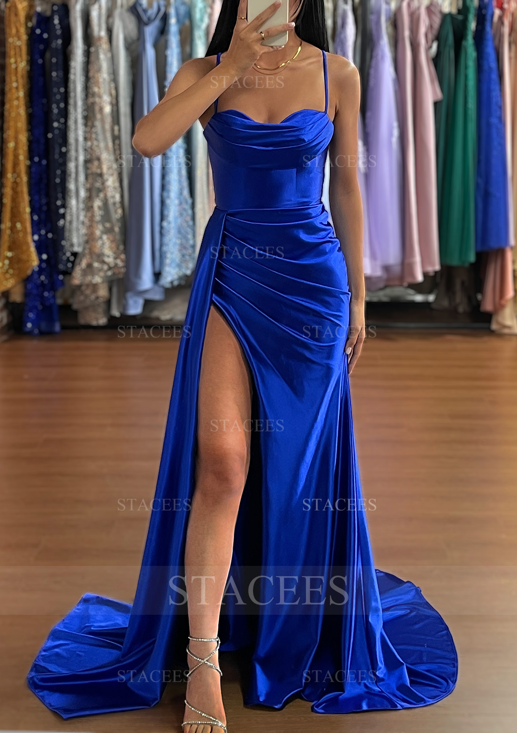 blue prom dresses silk Simple Navy Blue Satin Prom Dresses Split Lisposa