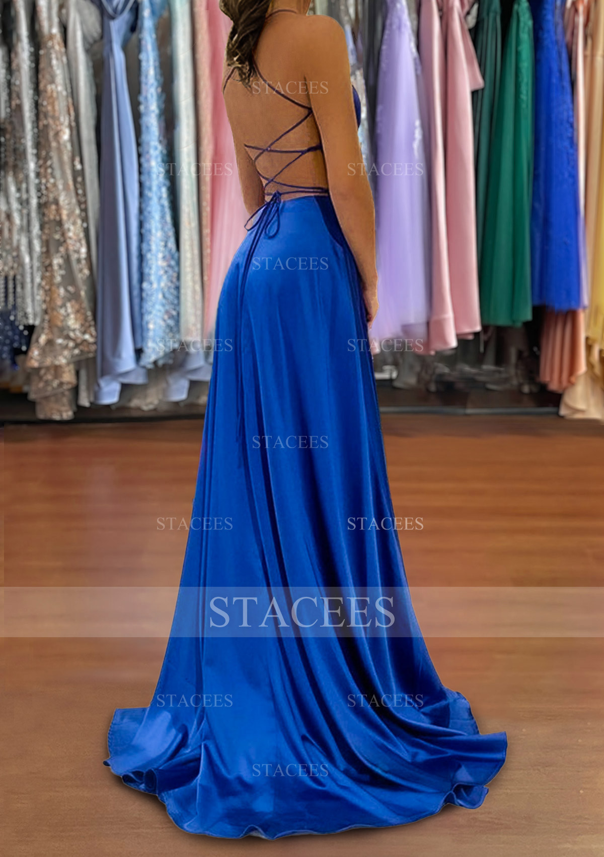 criss cross back formal dress A-line V Neck Sweep Train Charmeuse Prom with Split added urgency