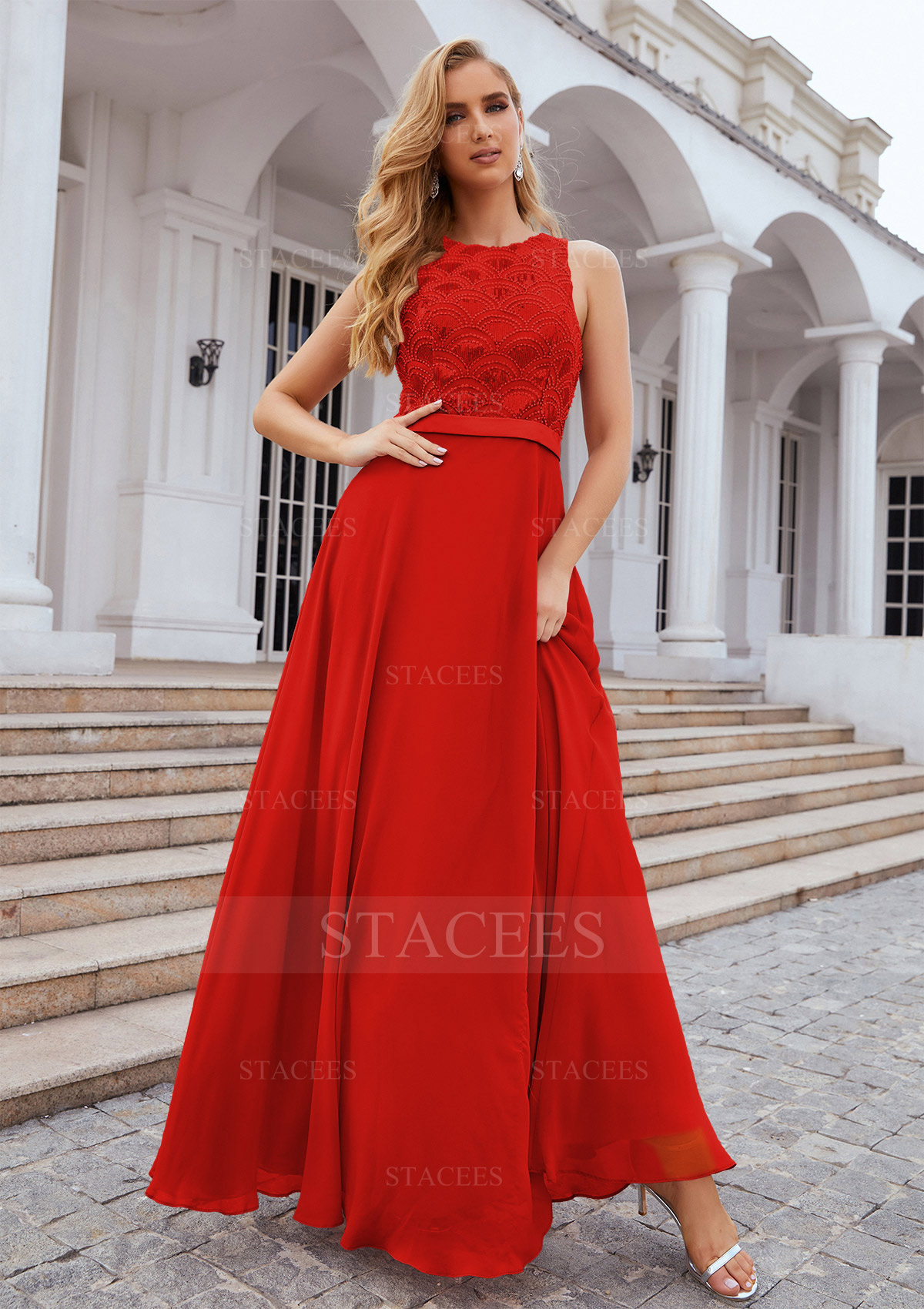 Red A-line Empire Scalloped Neck Sleeveless Chiffon Long/Floor-Length Bridesmaid Dress With Beading Sequins - STACEES