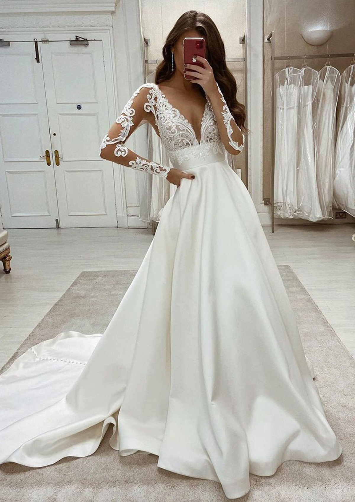 long sleeve satin and lace wedding dress Two Piece Long Sleeves A-line High Neck Satin Lace Wedding Dress   COCOSBRIDE
