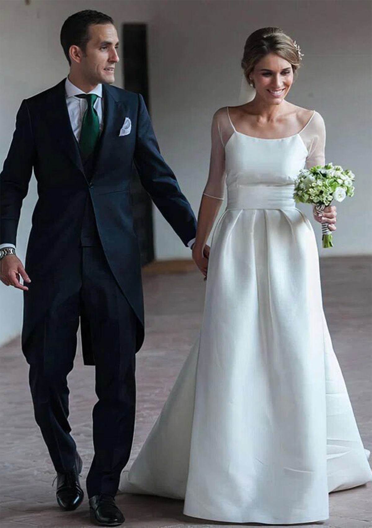 Ivory A-line Square Neckline Sweep Train Satin Wedding Dress with Waistband Split - STACEES