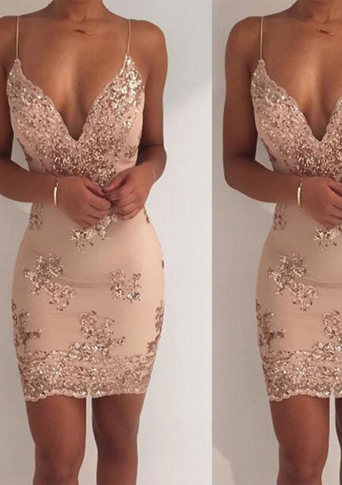 As Picture Sparkling Sheath/Column V Neck Short/Mini Sequined Homecoming Dress - STACEES
