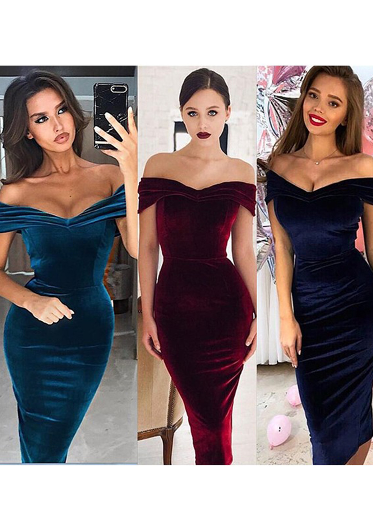 Burgundy Sheath/Column Off-the-Shoulder Short Sleeve Tea-Length Velvet Homecoming Dress with Pleated - STACEES