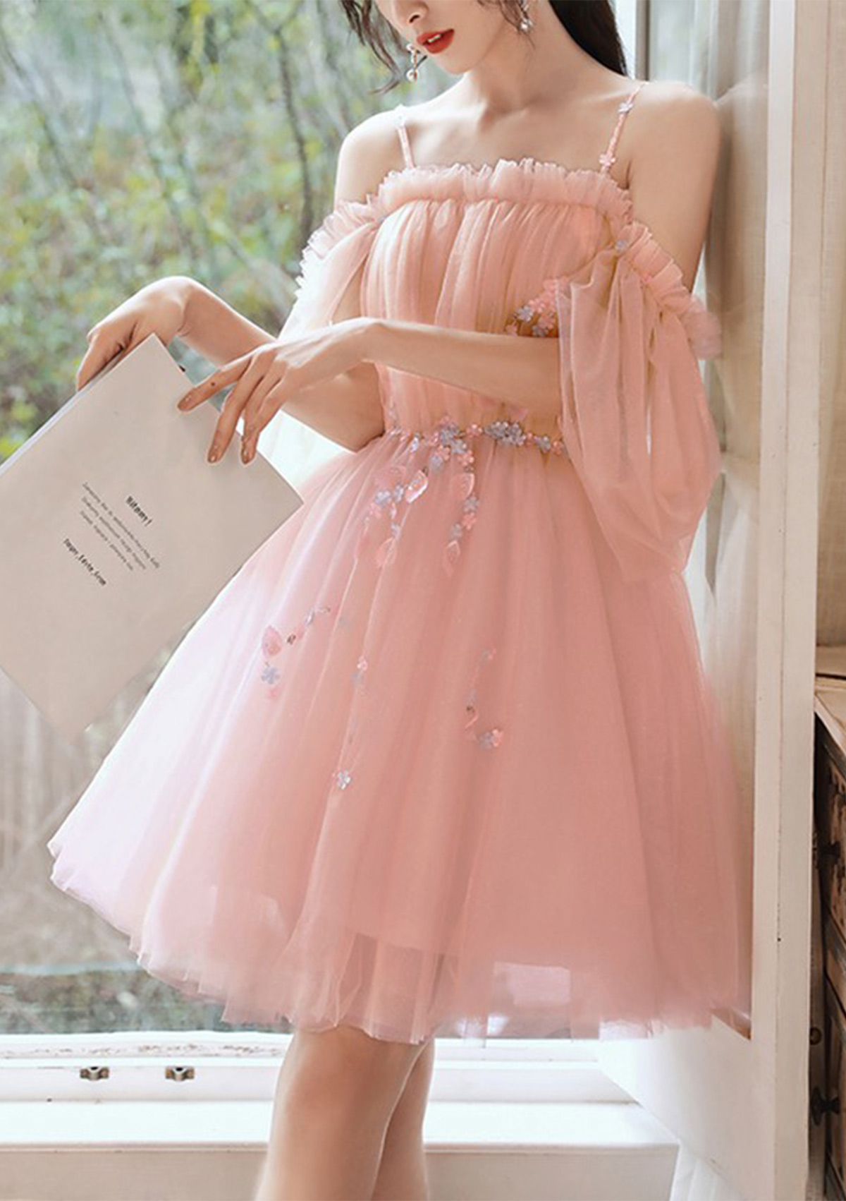 As Picture A-line Square Neckline Short Sleeve Short/Mini Tulle Homecoming Dress with Beading Pleated - STACEES