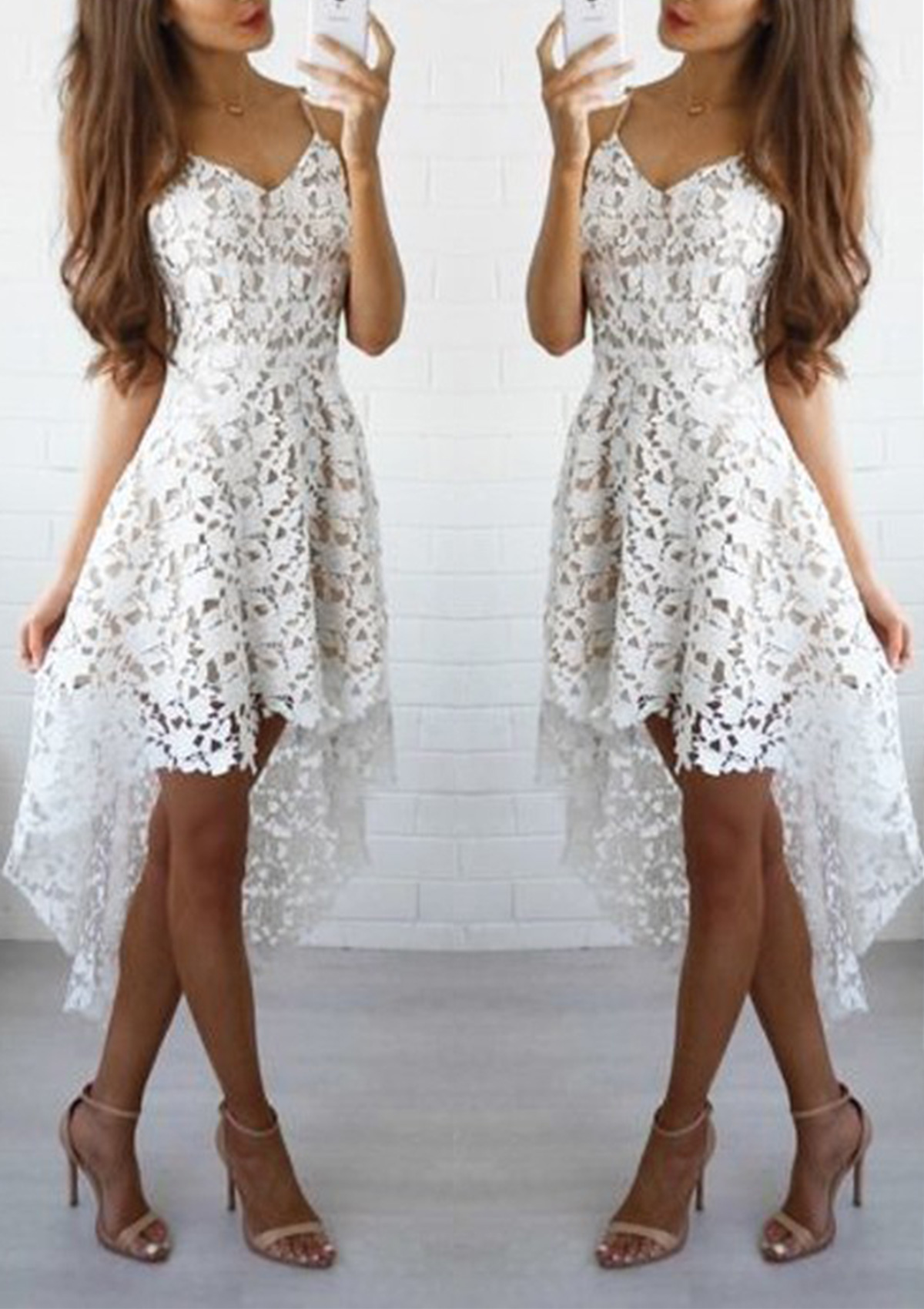 White A-line V Neck Sleeveless Asymmetrical Lace Homecoming Dress - STACEES