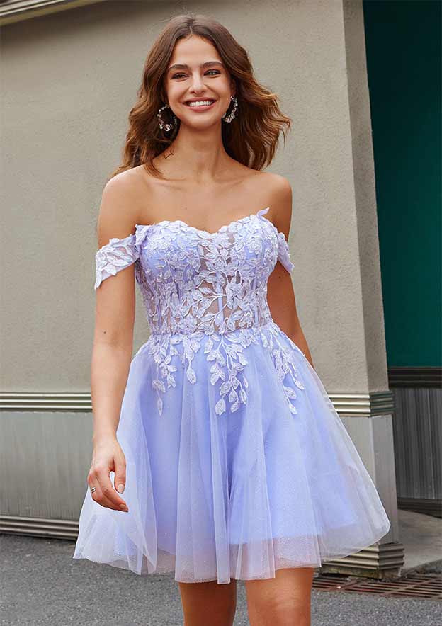 homecoming dresses 2023 near me A-line Off-the-Shoulder Sleeveless Short/Mini Tulle Dress with Appliqued Glitter Main Fabric Content:86% POLYESTER