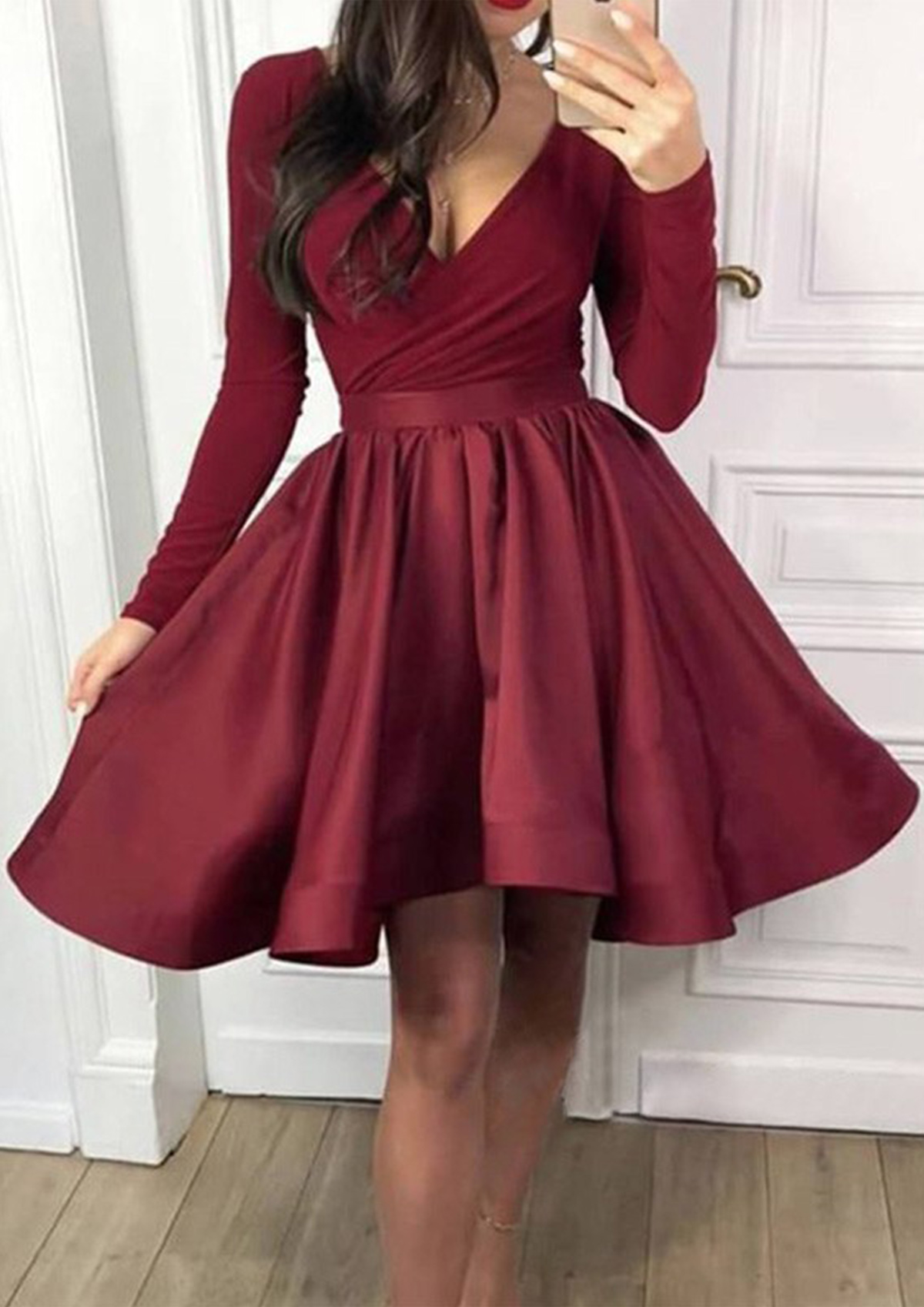 A-line V Neck Full/Long Sleeve Short/Mini Satin Homecoming Dress with Pleated