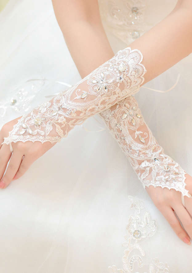 Romantic Elbow Length Lace With Beaded Fingerless Bridal/Wedding Gloves