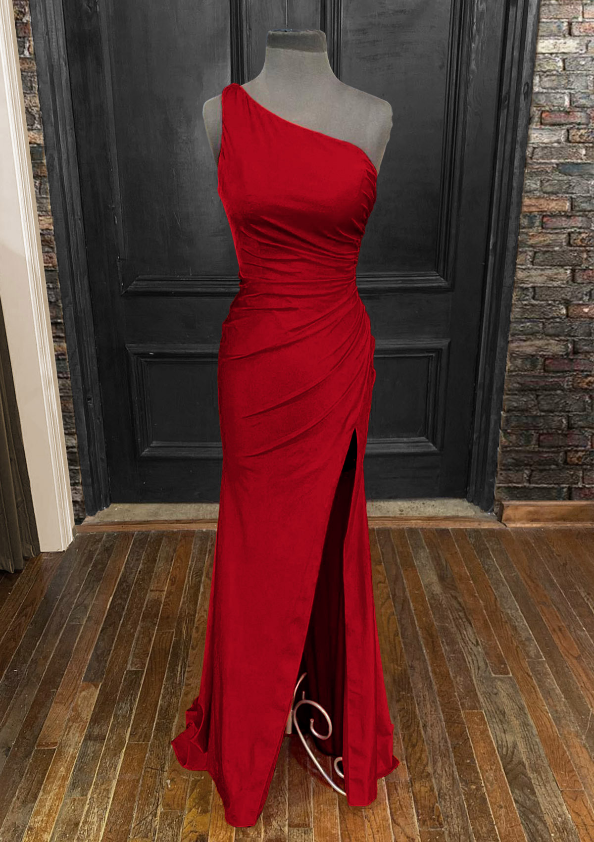 Red Sheath/Column One-Shoulder Sleeveless Jersey Long/Floor-Length Prom Dress With Pleated Split - STACEES