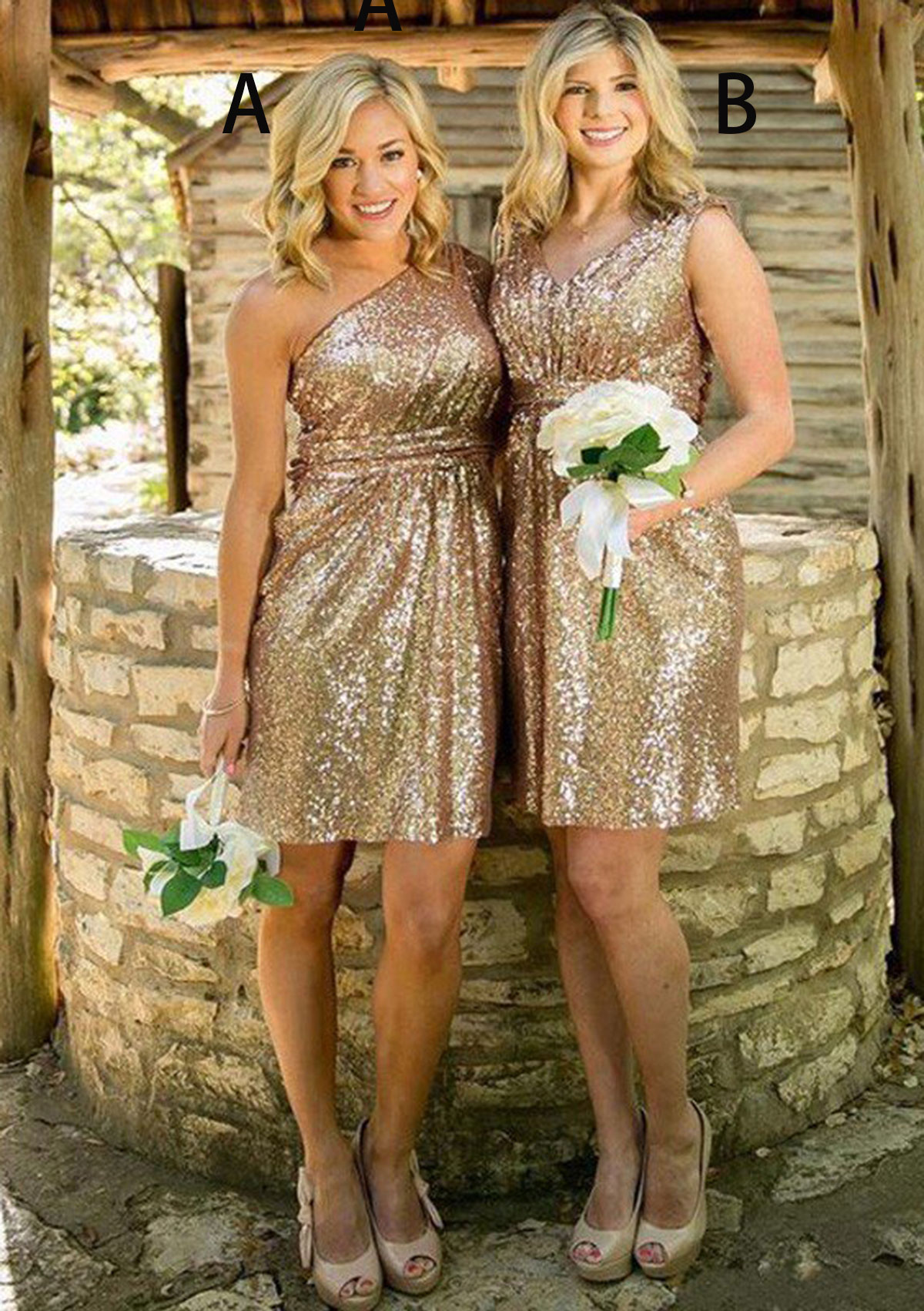 A-line/Princess One-Shoulder Sleeveless Short/Mini Sequined Bridesmaid Dresses
