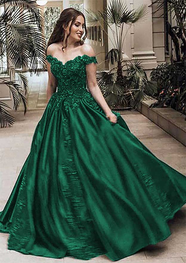 Ball Gown Off-the-Shoulder Sleeveless Sweep Train Satin Prom Dress With Appliqued Beading