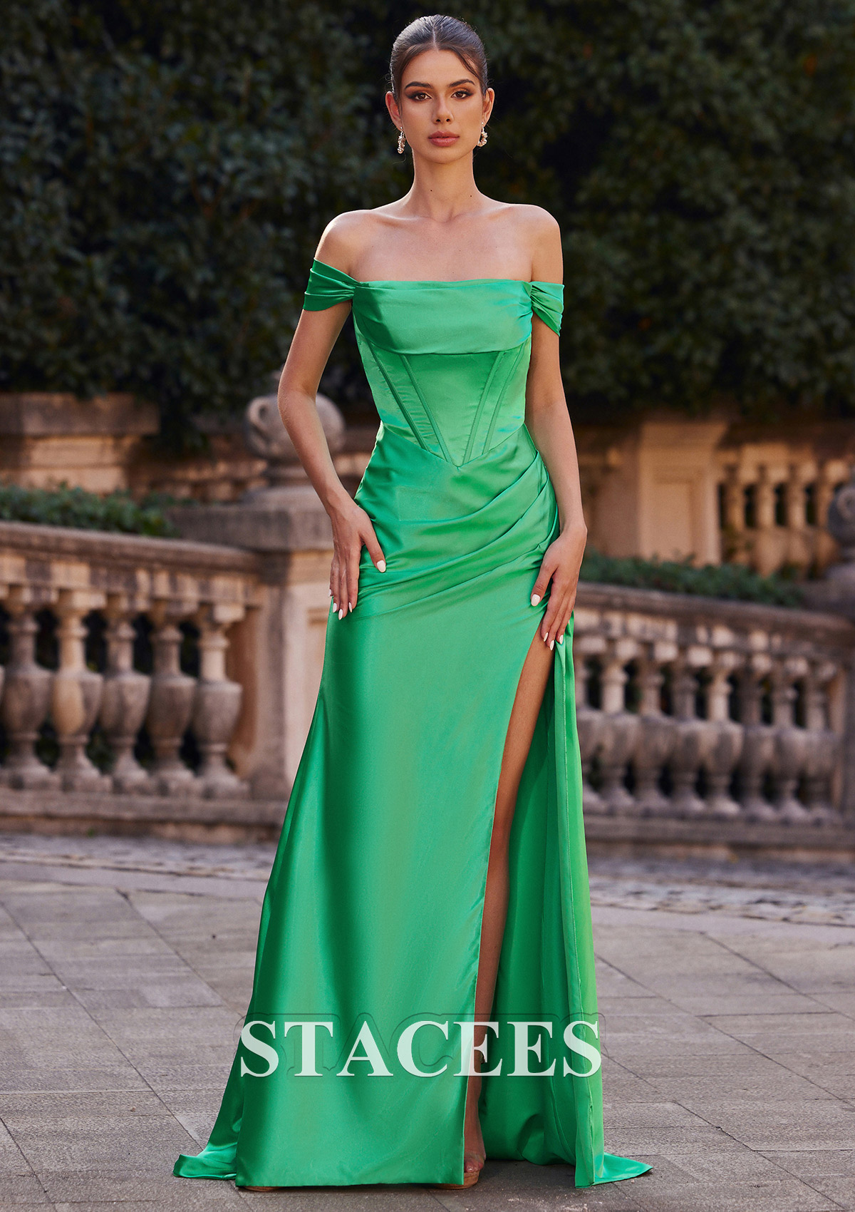 Emerald Sheath/Column Off-the-Shoulder Short Sleeve Sweep Train Charmeuse Prom Dress with Pleated Split - STACEES