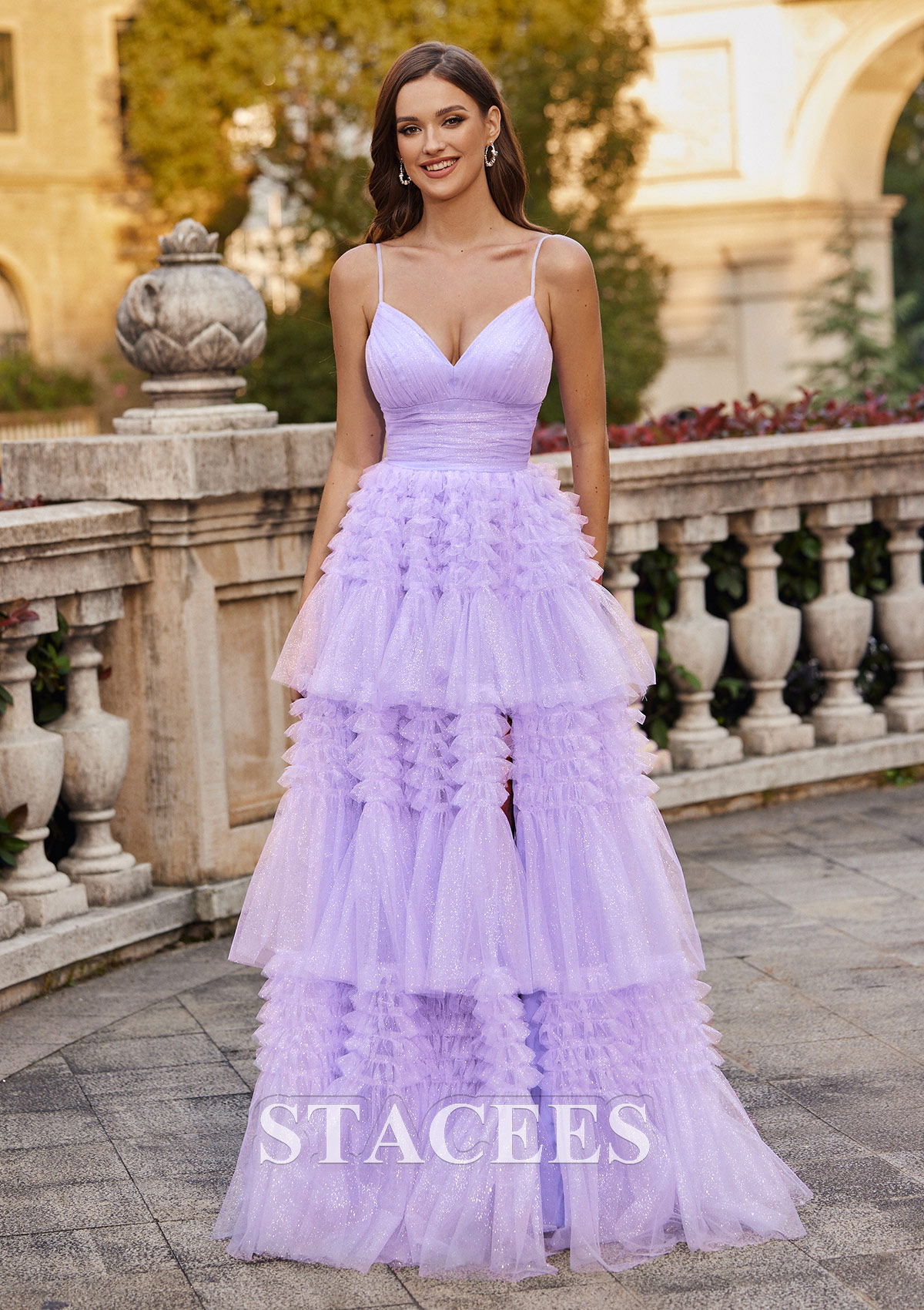 Lavender A-line Princess V Neck Floor-Length Glitter Prom Dress with Pleated Ruffles Split