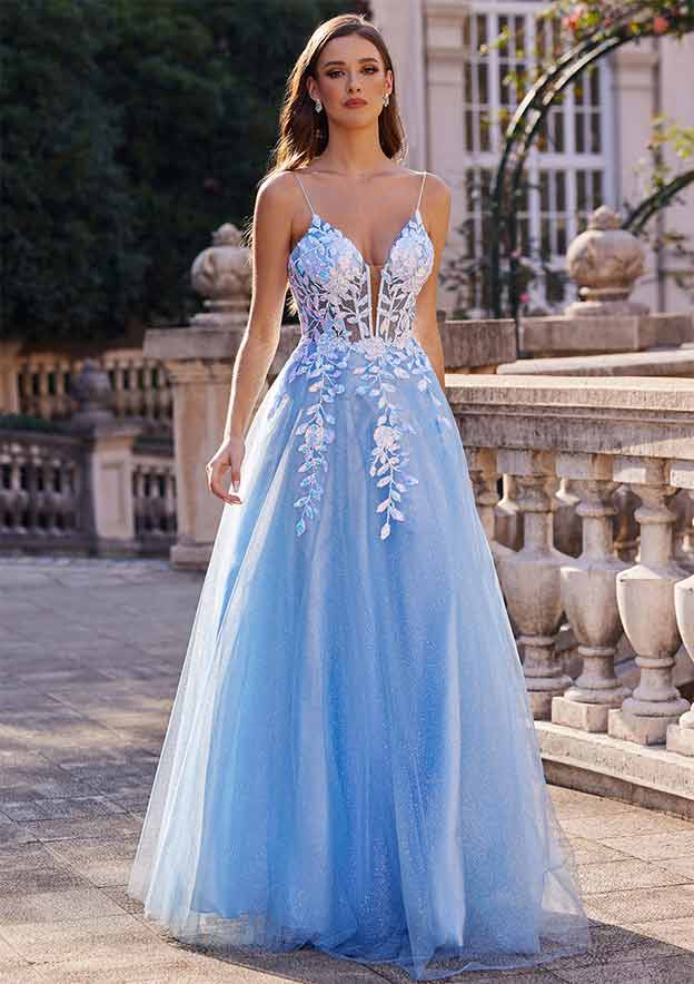 A-line Princess V Neck Floor-Length Tulle Prom Dress with Lace Sequins Glitter