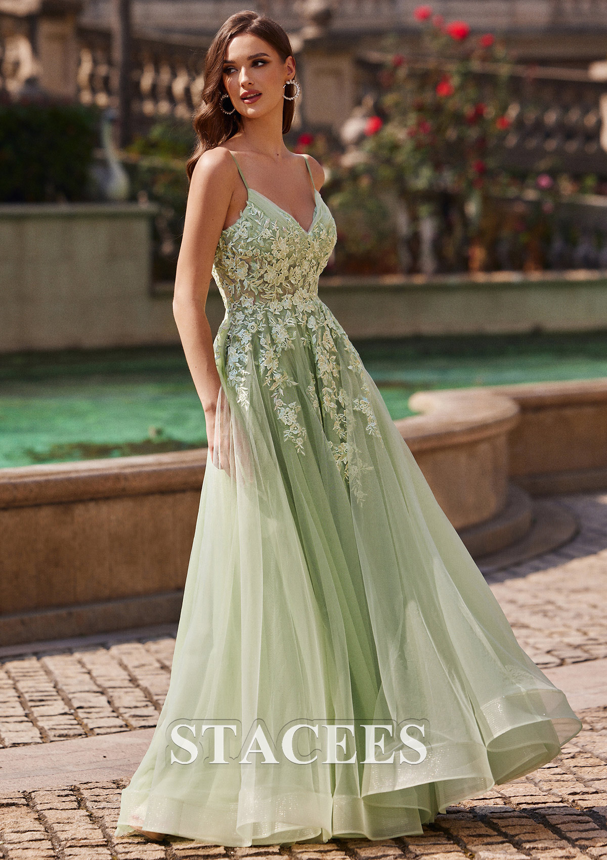 Sage A-line V Neck Sleeveless Floor-Length Tulle Prom Dress with Appliqued - STACEES