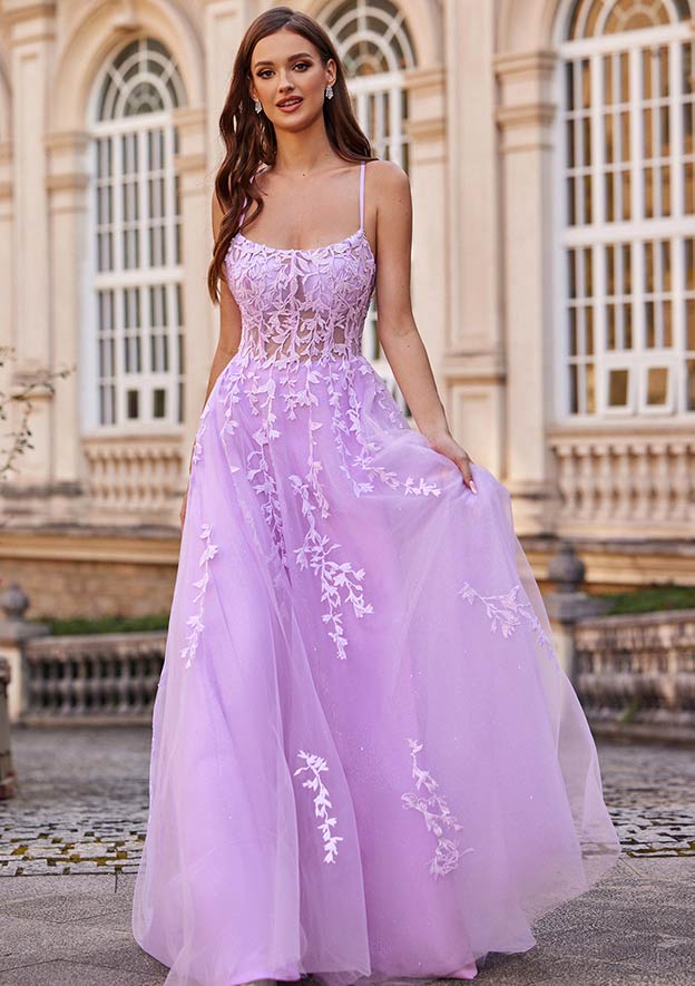 A-line Princess Square Neckline Sweep Train Tulle Prom Dress with Appliqued Glitter