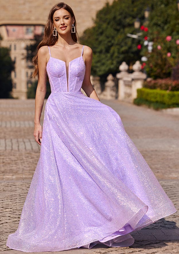 A-line Princess V Neck Sweep Train Sequined Prom Dress