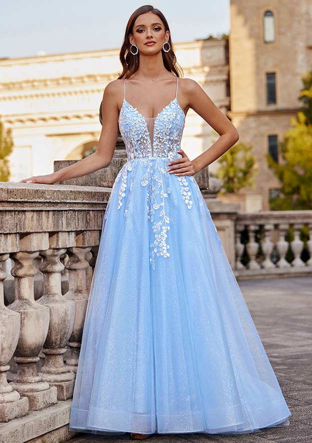 A-line Princess V Neck Tulle Prom Dress with Appliqued Beading Glitter
