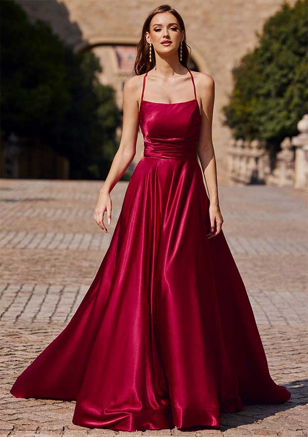 A-line Square Neckline Sweep Train Charmeuse Prom Dress with Pleated Pockets Split 