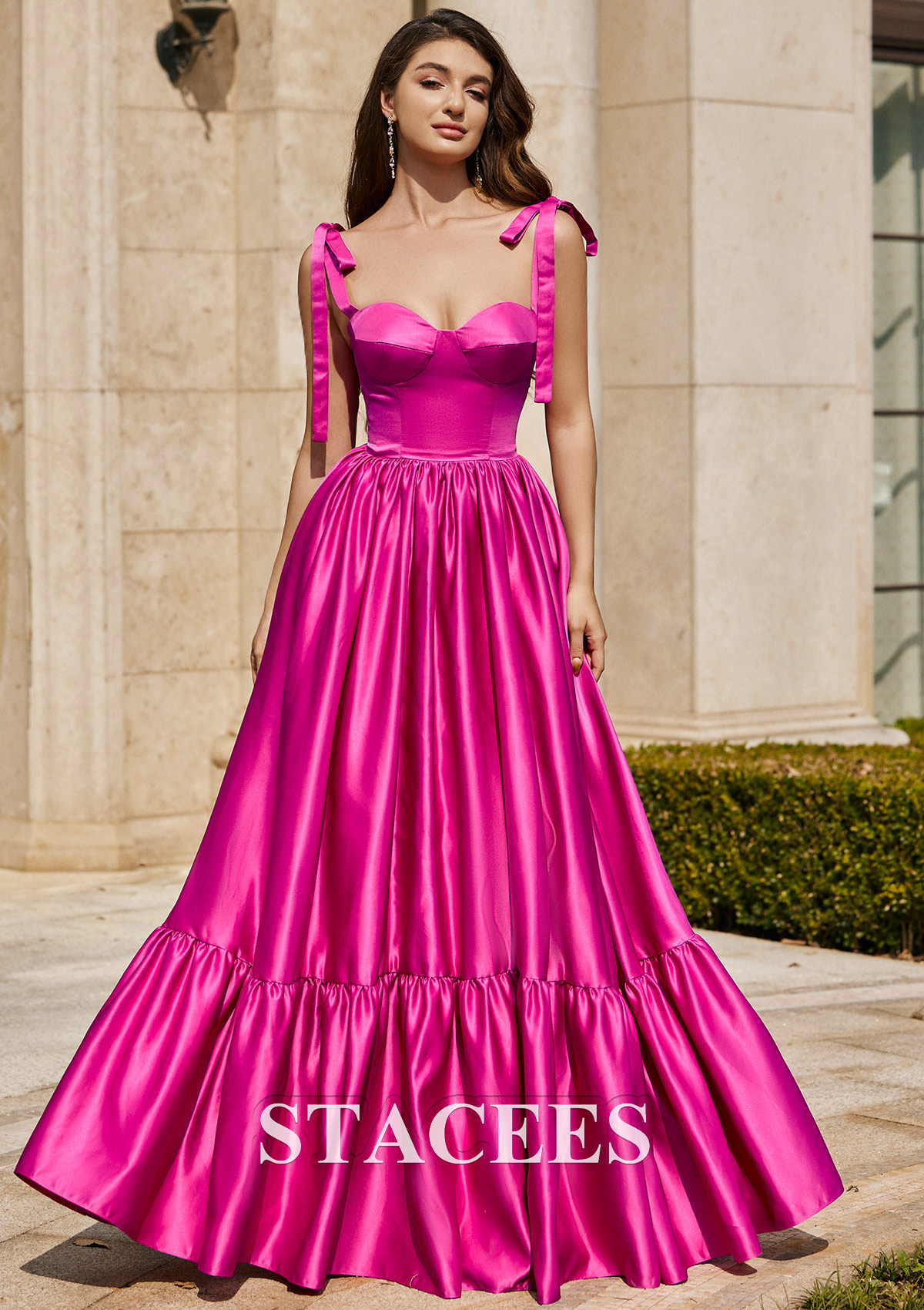 Fuchsia A-line Sweetheart Floor-Length Satin Prom Dress with Pleated Ruffles - STACEES