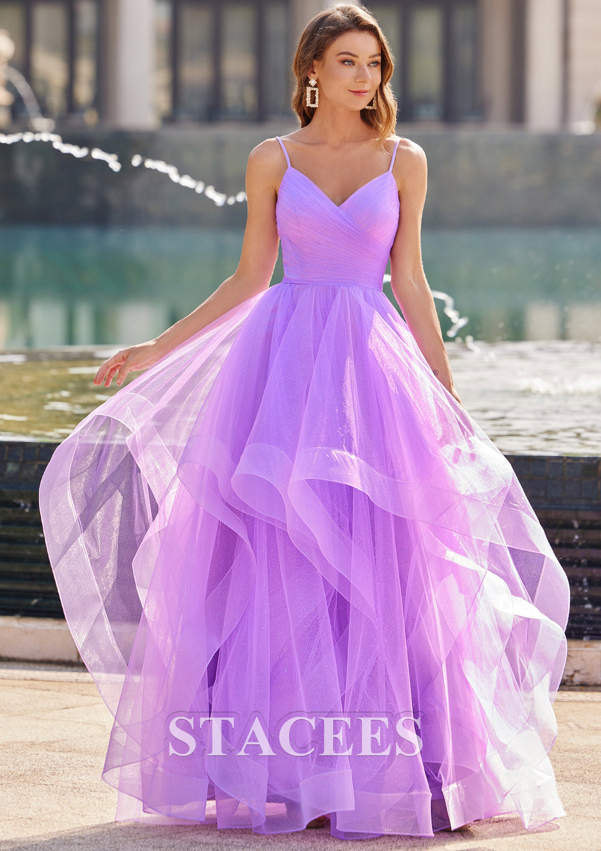 Lila Vestido línea a princesa escote en v tul hasta el suelo vestido de graduación - STACEES