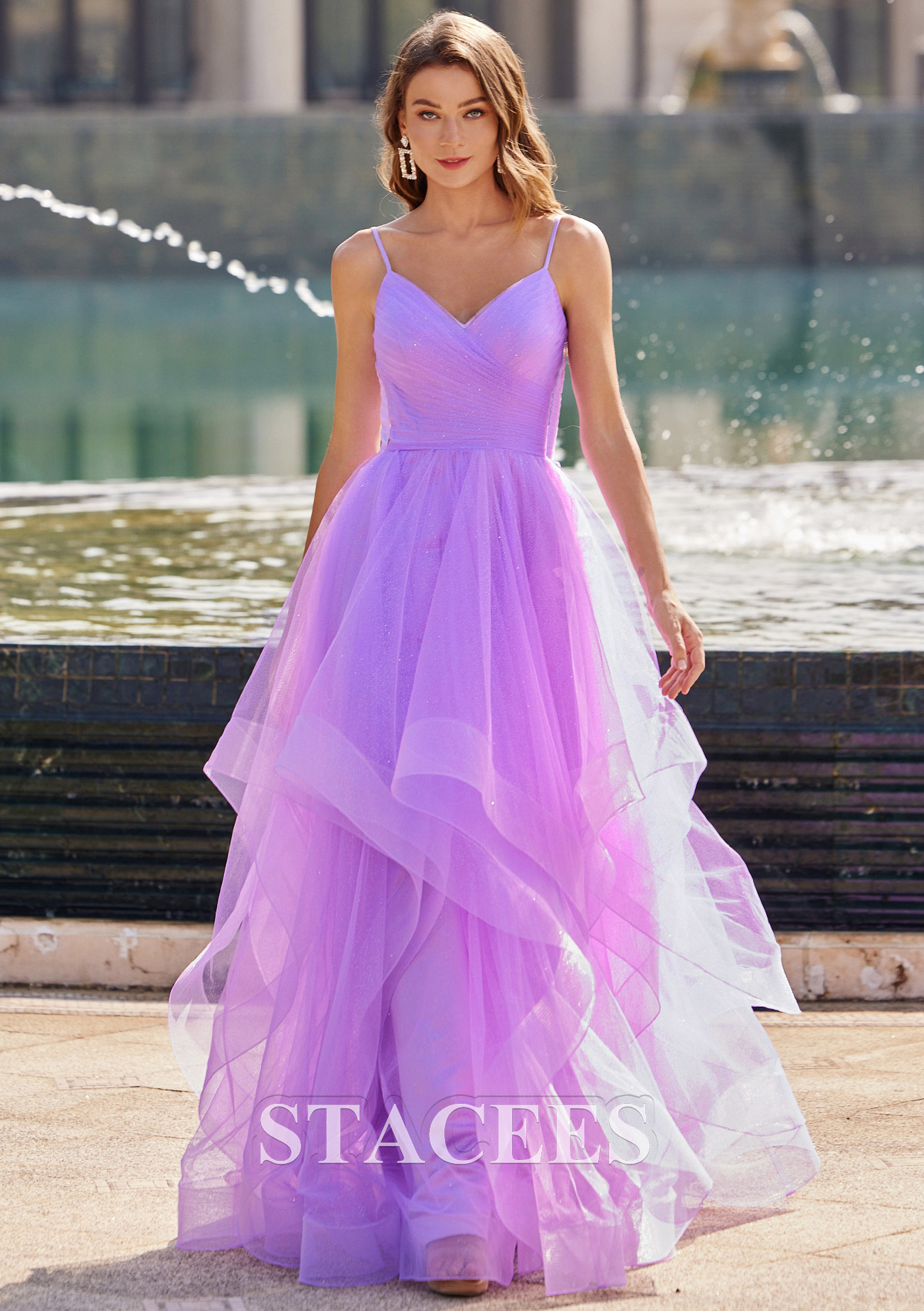 Lila Vestido línea a princesa escote en v tul hasta el suelo vestido de graduación - STACEES