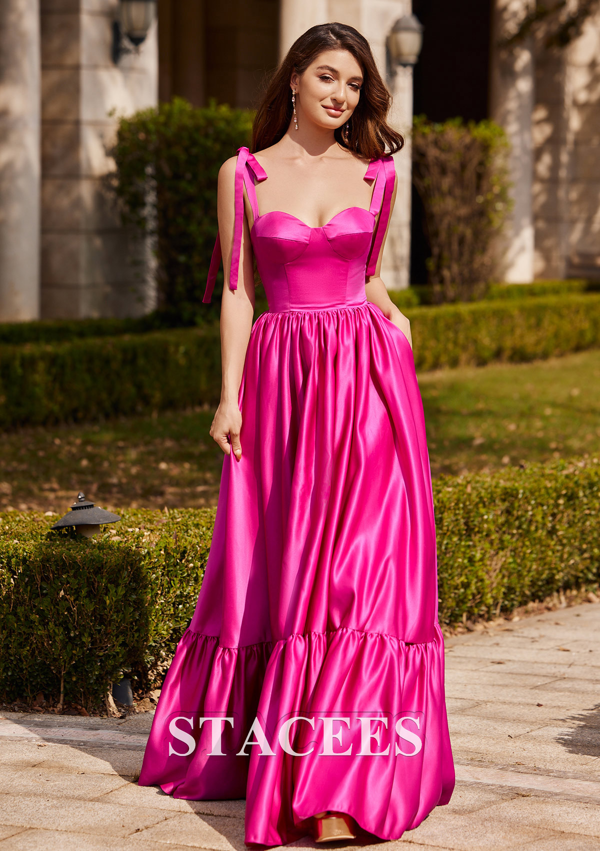 Fuchsia A-line Sweetheart Floor-Length Satin Prom Dress with Pleated Ruffles - STACEES
