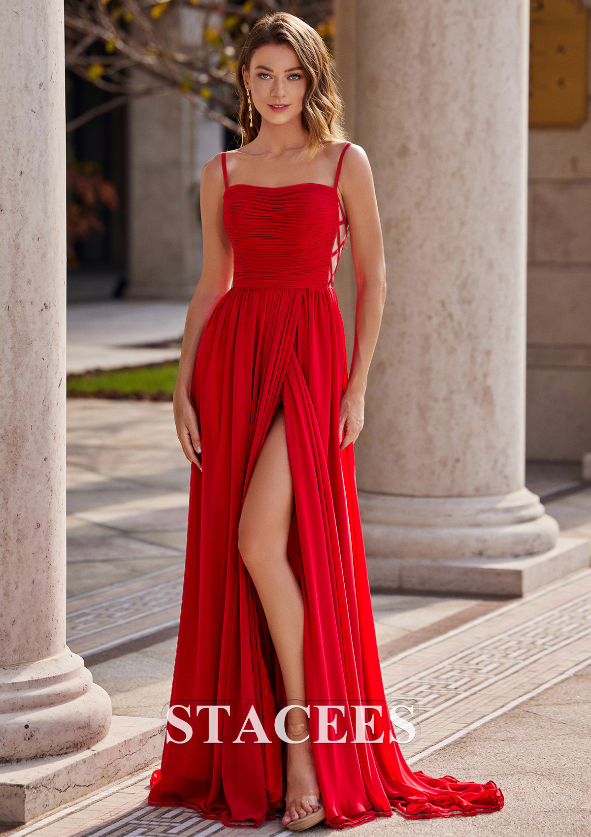 Red A-line Square Neckline Sleeveless Sweep Train Chiffon Prom Dress with Pleated Split - STACEES