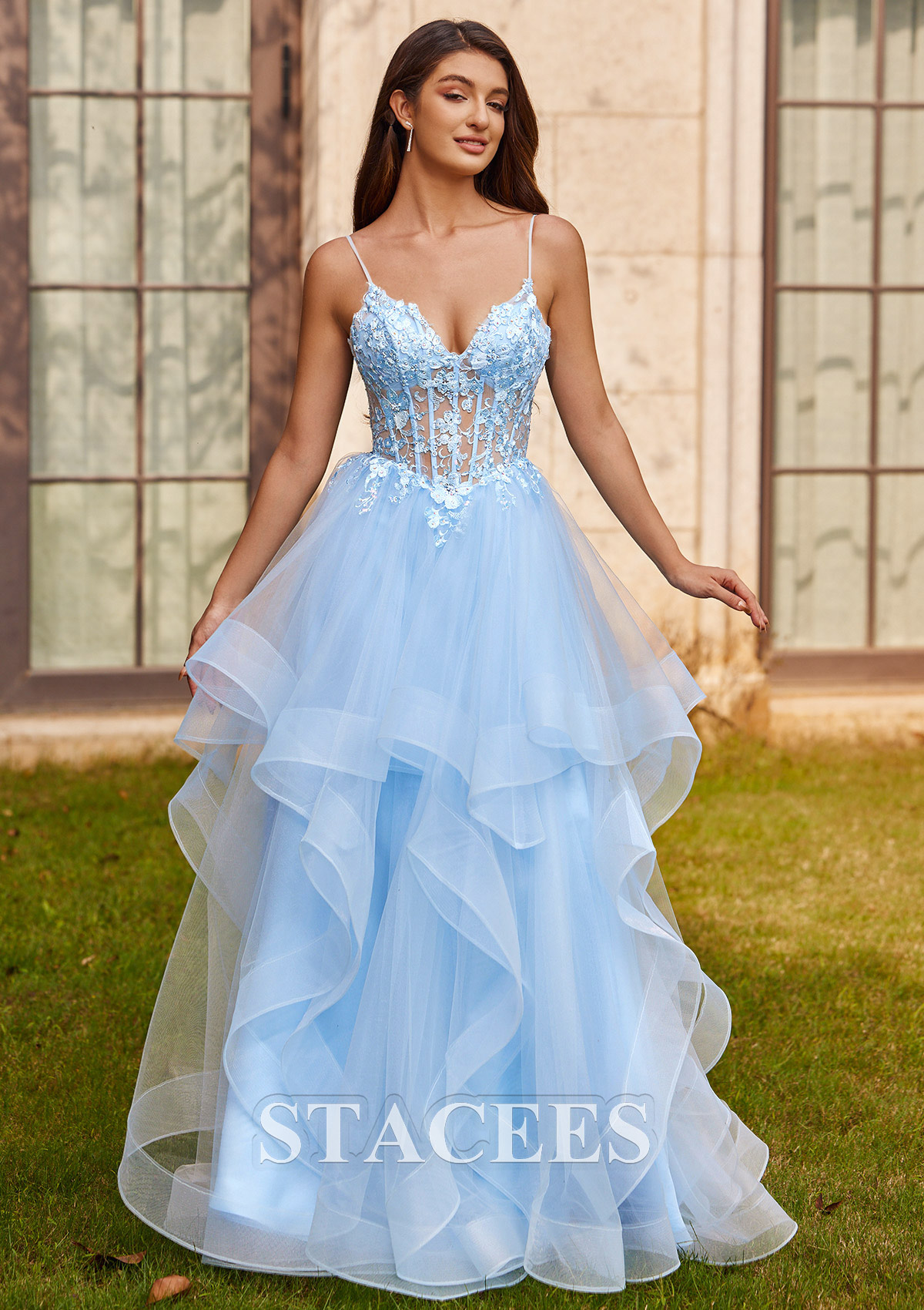 prom dresses a line tulle A Line Ink Blue Glitter Tulle Lace Prom Dress, Ink Blue / 8