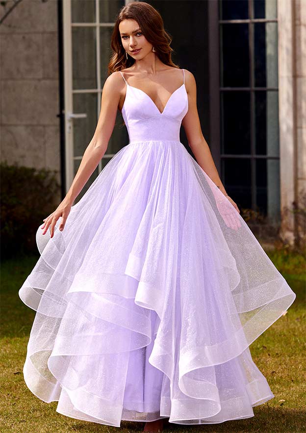 A-line Princess V Neck Floor-Length Tulle Prom Dress with Ruffles Glitter