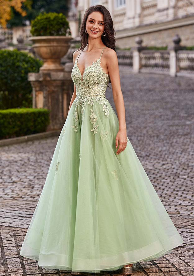 A-line Princess V Neck Floor-Length Tulle Prom Dress with Appliqued Beading