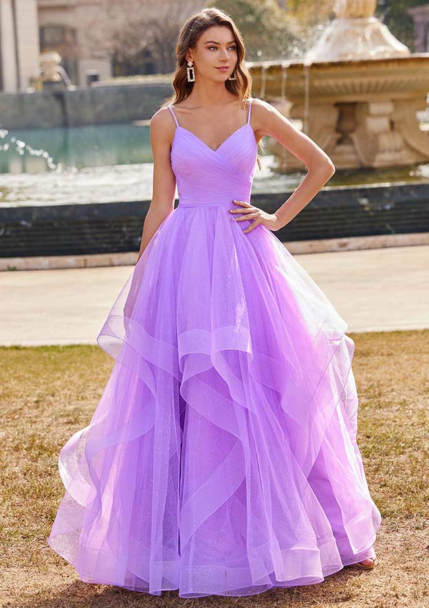 A-line Princess V Neck Floor-Length Tulle Prom Dress with Ruffles Glitter