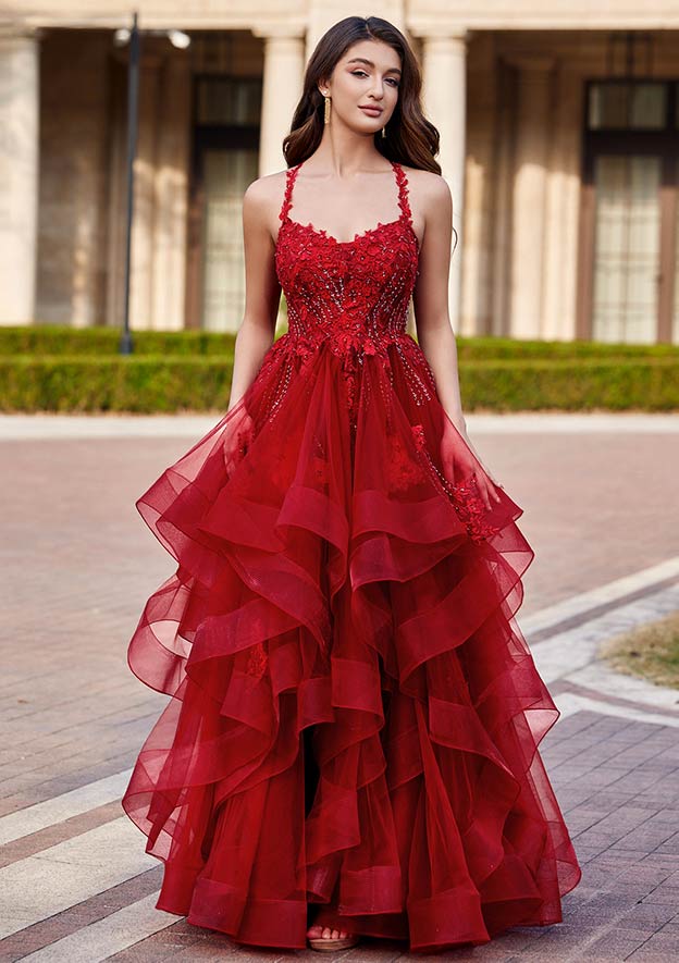 A-line Princess V Neck Floor-Length Tulle Prom Dress with Appliqued Ruffles Sequins