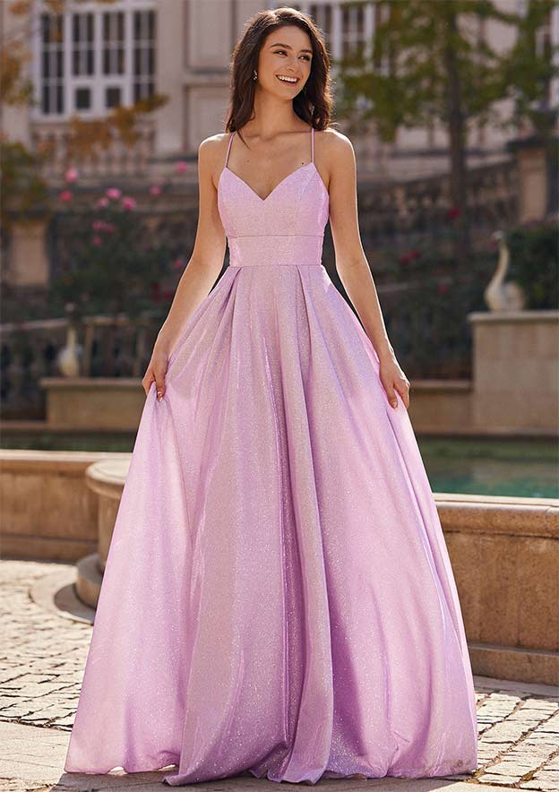 A-line V Neck Floor-Length Tulle Prom Dress with Pockets Glitter
