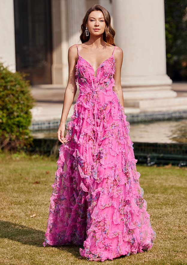 A-line V Neck Sleeveless Floor-Length Tulle Prom Dress with Ruffles