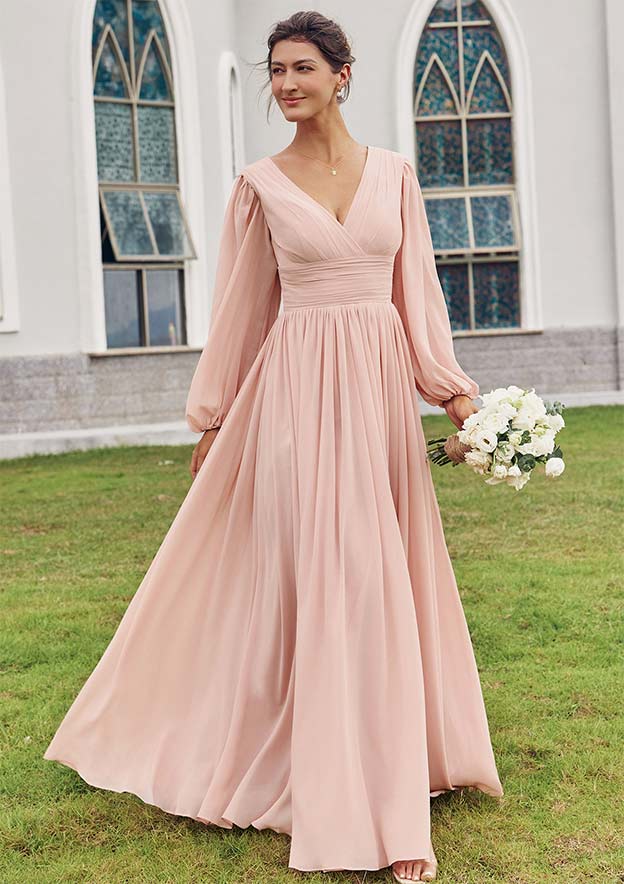bridesmaid maxi dresses with sleeves Stacees Bridesmaid Dress A-line V Neck Full/Long Sleeve Floor-Length Chiffon Pleated Split