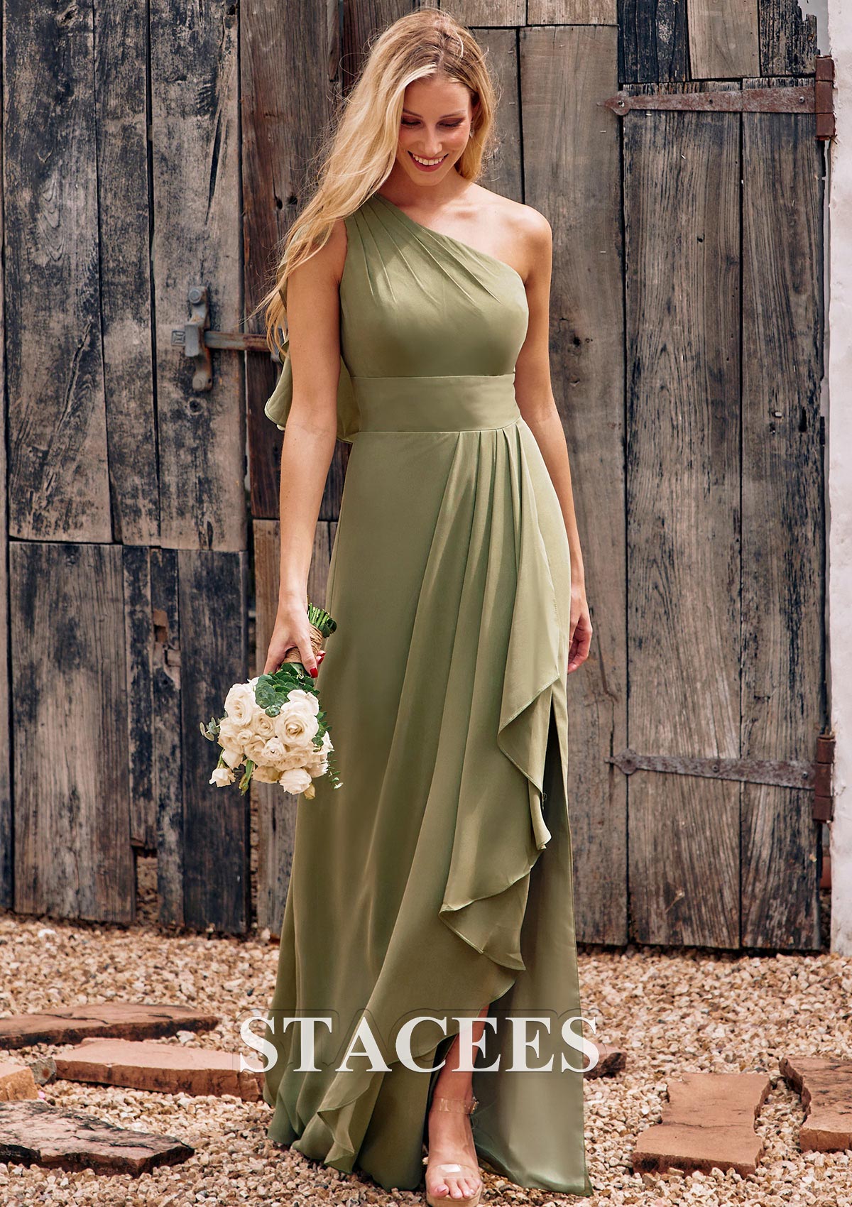 one shoulder bridesmaid dresses long Wedtrend Women Champagne Bridesmaid Dress With Slit Sheath One Shoulder Pleated Wedding Party Dress, satin color / US16
