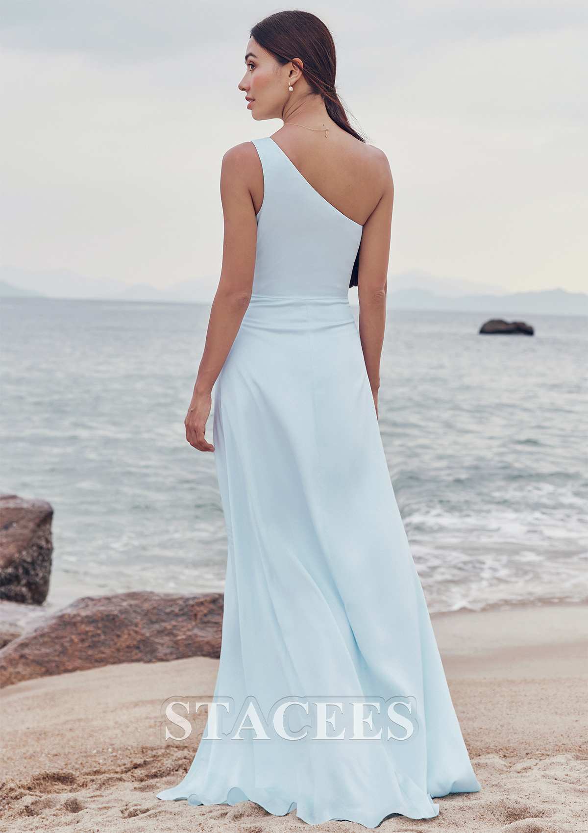 Azul Cielo Vestido línea a un hombro satén elástico hasta el suelo vestido de dama de honor - STACEES