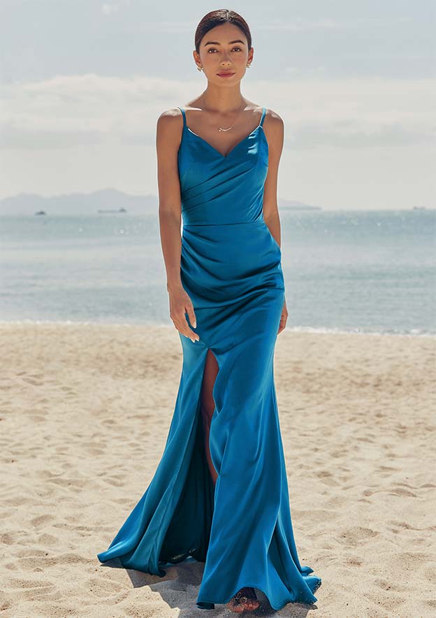 Trumpet/Mermaid V Neck Sleeveless Floor-Length Stretch Satin Bridesmaid Dress with Pleated Split