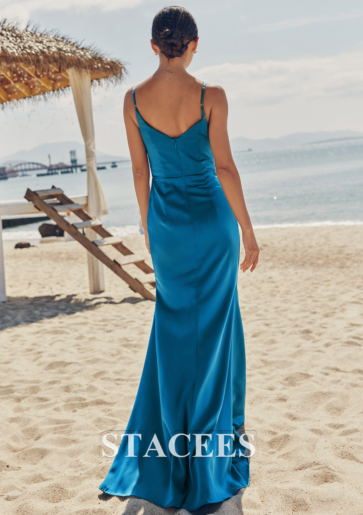 Twilight Trumpet/Mermaid V Neck Sleeveless Floor-Length Stretch Satin Bridesmaid Dress with Pleated Split