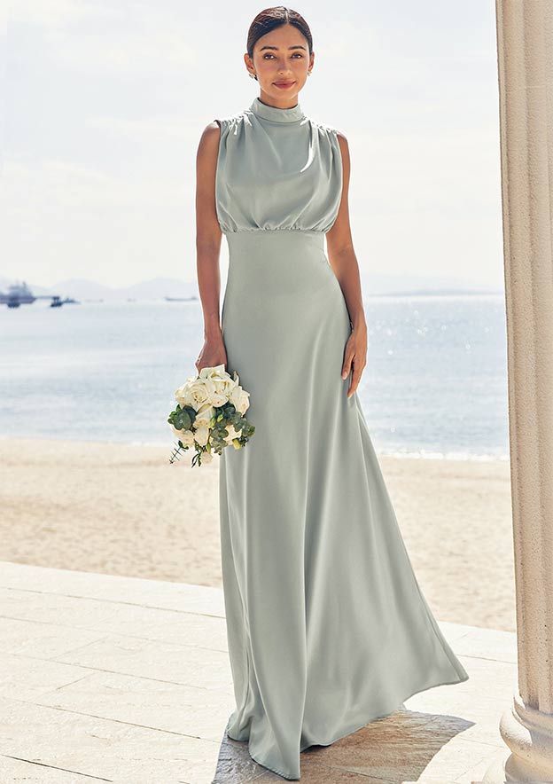 A-line High-Neck Sleeveless Floor-Length Stretch Satin Bridesmaid Dress