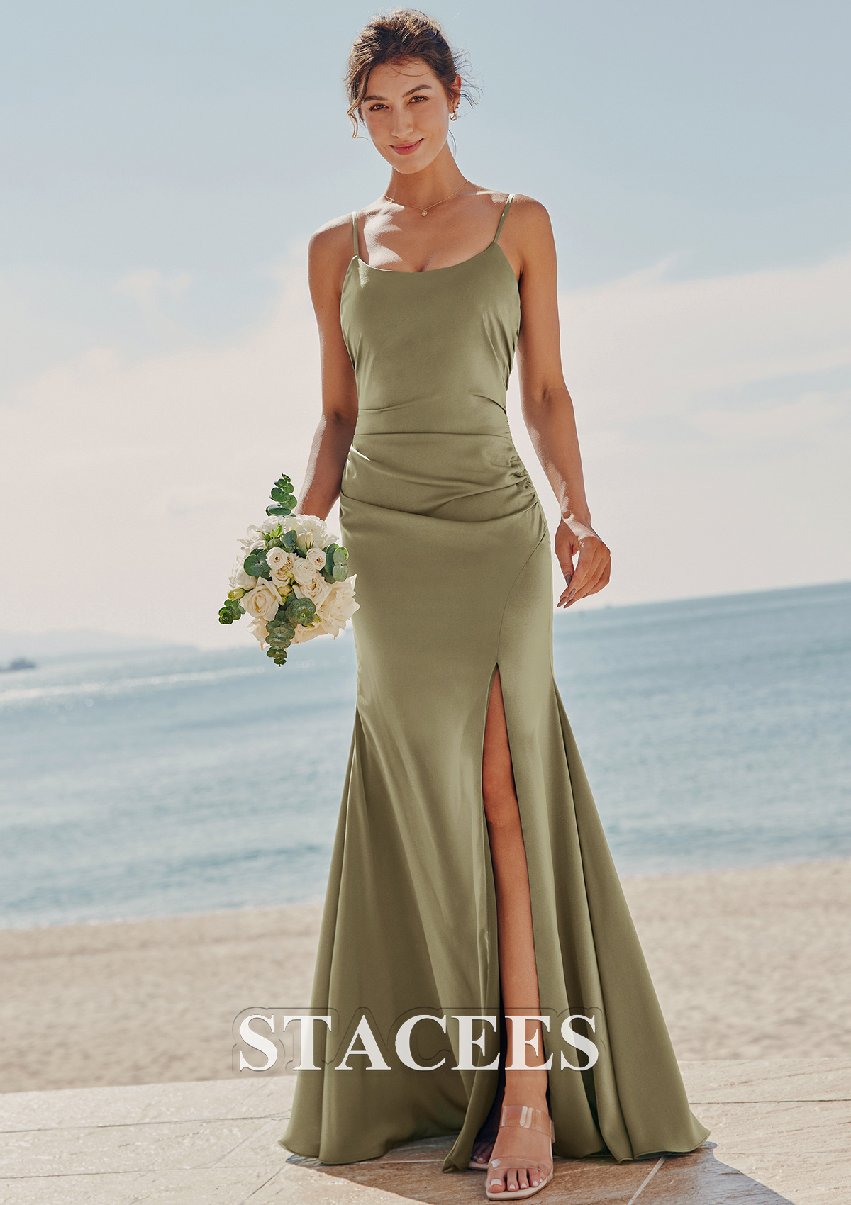 trumpet mermaid bridesmaid dresses Trumpet-Mermaid Bridesmaid Dress High Split With Cowl Neck COCOMELODYCB0790, Silver Cloud