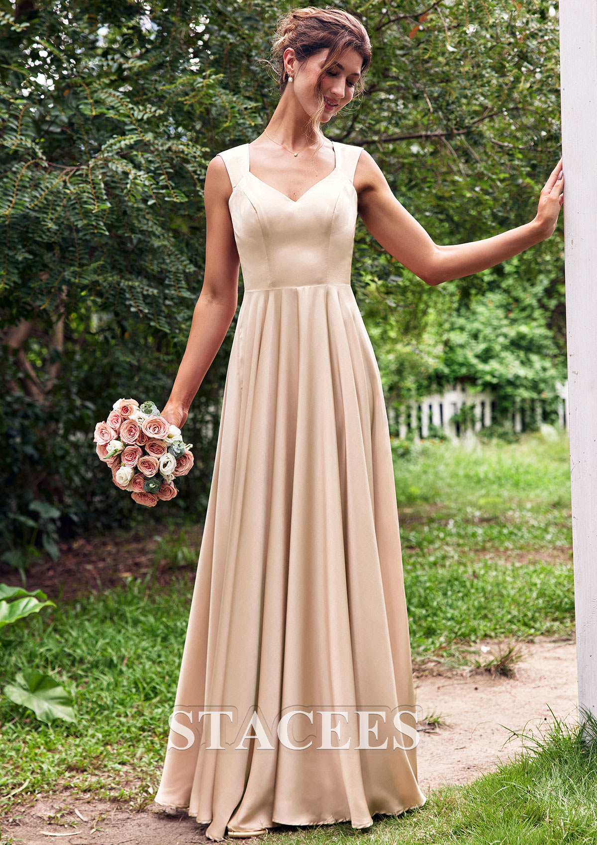 Sand A-line V Neck Sleeveless Floor-Length Stretch Satin Bridesmaid Dress with Pleated