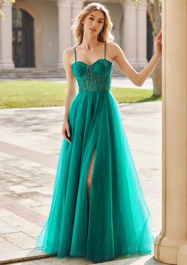 A-line Floral Lace Applique Prom Dress with Spaghetti Straps Corset Bodice S9085P - Prom Dresses